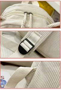 Close-up details of cute corduroy backpack, showcasing zipper, strap buckle and fabric.