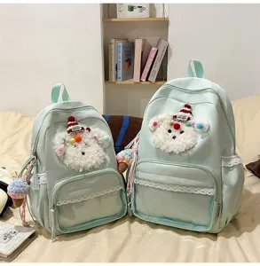 Sac à dos vert clair mignon avec motif de chien en peluche et bordure en dentelle, grand.