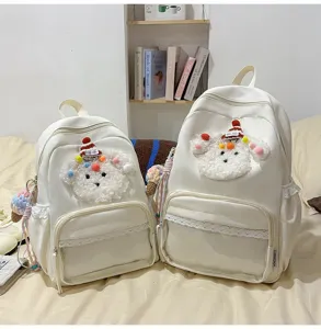 Joli sac à dos scolaire chien de dessin animé avec bordure en dentelle et poche avant