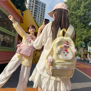 Sac à Dos en Toile Mignon Chiot Dessin Animé Pour Femmes Filles Grande Capacité Poche Avant Transparente Sac d'École Avec Garniture en Dentelle
