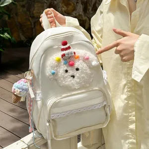 Sac à dos mignon chiot fille dessin animé bordure dentelle, grand sac à dos décontracté blanc.