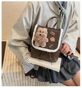 Korean retro cute mini backpack for women sweet plush bear small school bag brown