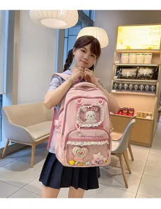 Cute pink backpack for teen girls large capacity school bag with clear window and cute toys