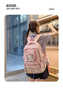 Pink student backpack large capacity bow ita bag clear pocket schoolbag detail view.
