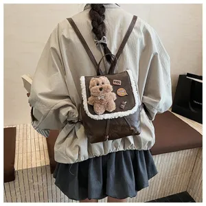 Retro fashion women backpack cute plush bear pu leather mini school bag chic casual daypack