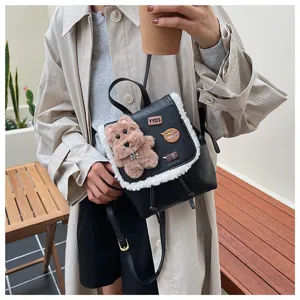 Korean vintage cute small backpack for women, sweet style faux fur trim PU leather bag.