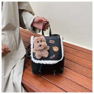 Korean retro plush bear black backpack sweet style cute small school bag for women and girls