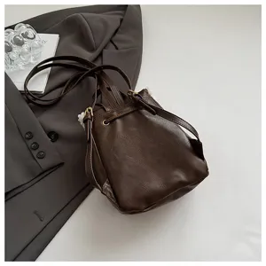 Brown PU leather mini backpack detail, cute plush trim sweet autumn winter aesthetic bag.