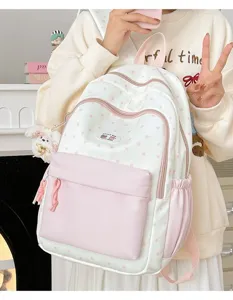 Cute color-block canvas backpack, pink star print school bag with multiple handy pockets.