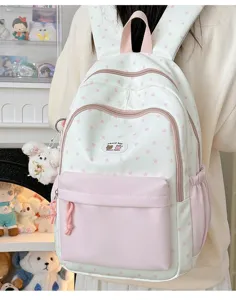 Cute pink star print canvas school backpack for teenage girls casual daily usage book bag.