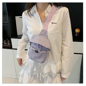 Lightweight purple chest bag detail view, casual outdoor sling bag with drawstring pocket.