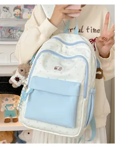 Cute color block star print school backpack for teen girls casual student bookbag daily use