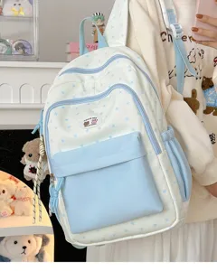 Cute color block backpack with blue stars star pattern casual school book bag for student daily use