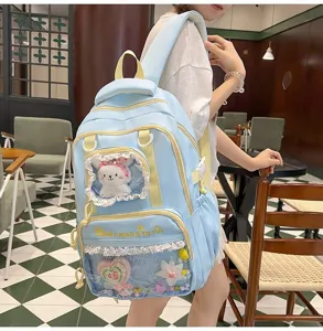 Detailed view of the cute light blue student backpack featuring transparent window and bunny toy.