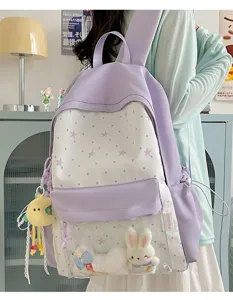 Japanischer süßer Ita-Rucksack mit transparenter Fronttasche, Sternmuster und Plüschfiguren.