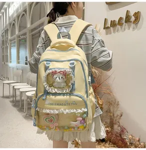 Cute dopamine style large capacity school backpack for teenage girls with transparent pocket.
