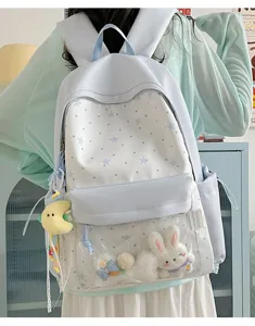 Süßer japanischer Ita-Rucksack mit transparenter Tasche, Sternenmuster und Plüschtier.