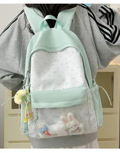 Detailansicht eines süßen japanischen Ita-Rucksacks in Mintgrün mit Sternmuster und Tasche.