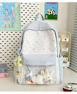 Niedlicher japanischer Ita-Rucksack für Damen, Klares Fenster, blaues Stern-Design.
