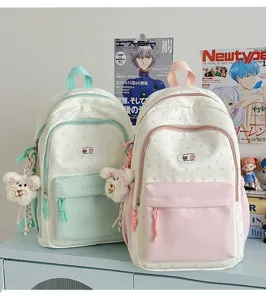 Cute pastel star print contrast color school backpack for teen girls casual daily bookbag.