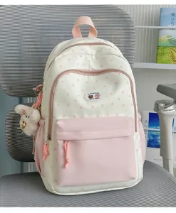 Cute pink and white star pattern backpack, stylish school bag for teen girls and students daily use.
