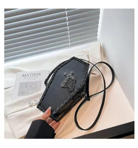 Gothic coffin shoulder bag with dark cross and chain, perfect for Halloween and daily wear.