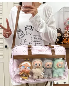 Borsa a tracolla rosa a pois con finestra trasparente per bambole di peluche e uso quotidiano.