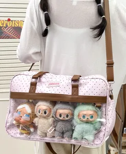 Carina borsa ita a pois rosa con finestra trasparente per peluche e uso quotidiano degli studenti.