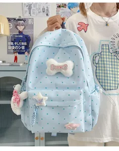 Joli sac à dos à pois de style japonais pour femme, cartable bleu clair décontracté avec peluche.