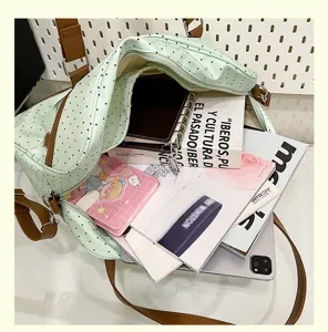Borsa a tracolla a pois verdi, grande capacità borsa da lavoro con manici marroni eleganti.