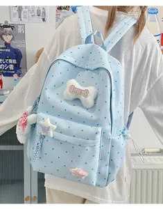 Sac à dos à pois style japonais pour femme, joli cartable bleu pastel mignon avec pendentifs peluche