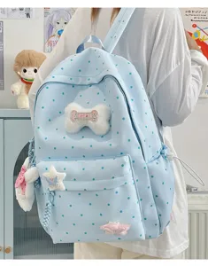 Sac à dos à pois mignon de style japonais pour femmes et étudiants avec de jolies peluches.