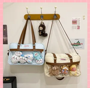 Graziosa borsa a tracolla ita a pois con finestra trasparente per peluche e uso quotidiano.