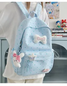 Joli sac à dos à pois bleu clair style japonais mignon pour étudiantes, cartable de loisir.