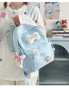 Sac à dos à pois bleu clair style ins japonais avec pendentif en peluche mignon pour filles