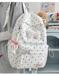 Sac a dos blanc a pois style ins japonais mignon sac d'ecole etudiant avec pendentifs peluche