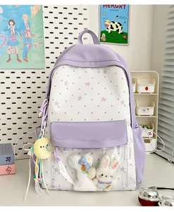 Japanischer Ita Rucksack für Mädchen, süße lila weiße Stern Schultasche mit Sichtfenster.
