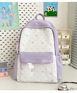 Detailansicht des japanischen kawaii lila Stern-Rucksacks mit klarem Frontfenster.