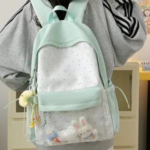 Japanischer Minzgrüner Ita Rucksack mit Klarsichttasche und süßem Plüschhasen für Mädchen.