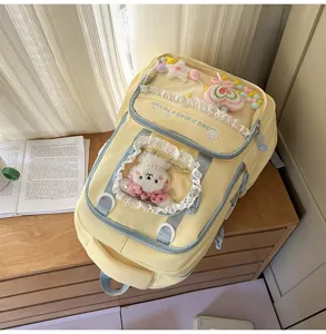 Aesthetic clear window school backpack with cute plush and lace, spacious daily student bag.