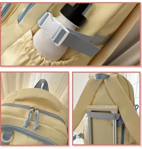 Detail view of the multi-pocket student school backpack, showing zipper and straps.