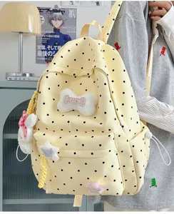 Joli sac à dos à pois de style japonais, cartable en toile décontracté avec pendentifs.