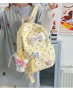Joli sac à dos à pois style japonais pour femme, cartable décontracté avec pendentif en peluche