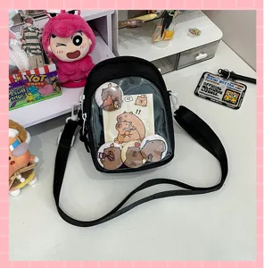 Black canvas ita bag with clear window, cute capybara badges, perfect daily commuter bag.
