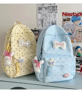 Sac à dos style japonais pois mignon cartable etudiant avec os en peluche et pendentif lapin