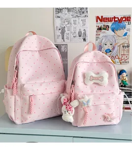 Sac à dos rose à pois style japonais, cartable mignon et décontracté avec pendentifs peluche.