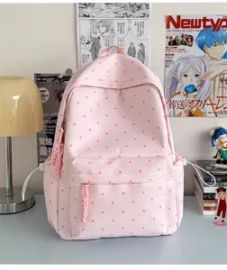 Sac à dos rose à pois style japonais mignon sac d'école décontracté pour filles au quotidien