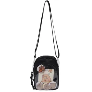 Japanese black transparent ita bag crossbody shoulder bag with cute capybara badges design.