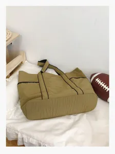 Khaki nylon tote bag for women, large capacity shoulder bag for daily commute and school.
