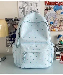 Sac à dos à pois style japonais mignon pour filles, cartable scolaire pour étudiants bleu clair